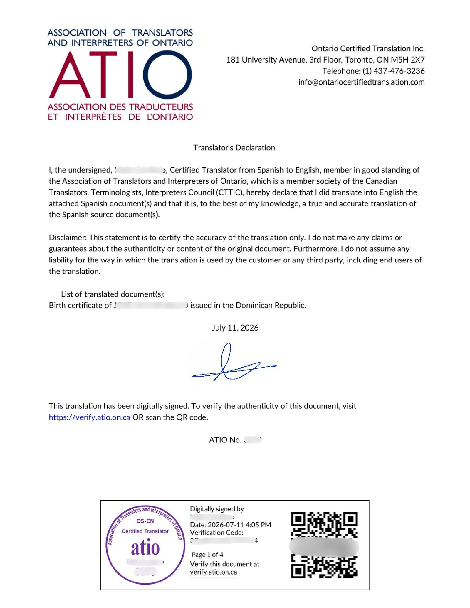 certified translation sample — page 1 of 4